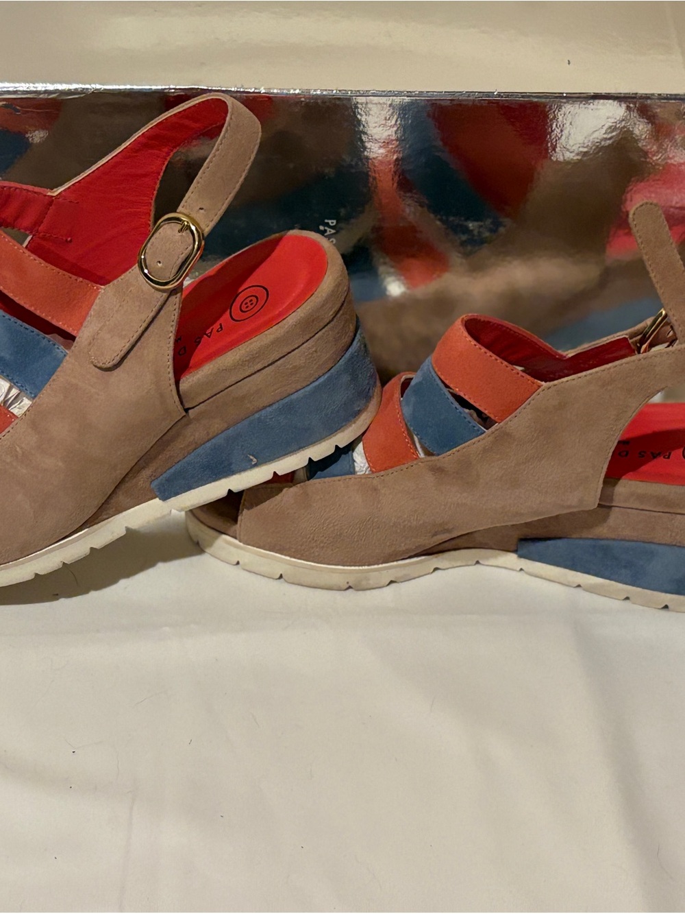 Pas de Rouge Taupe Suede Wedges with Blue & Coral Accents